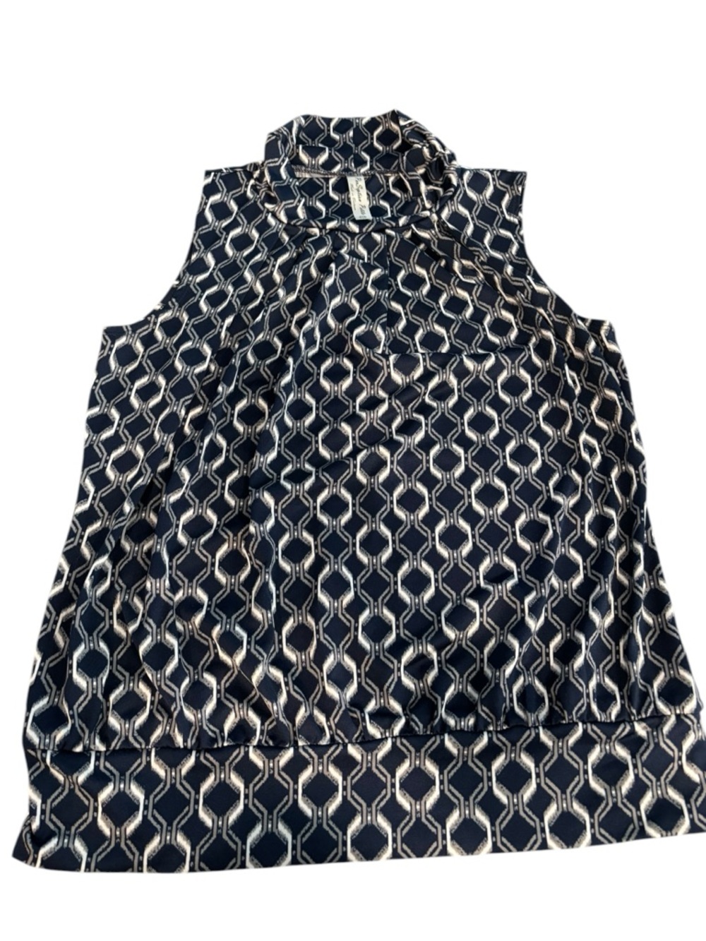 Perseption Navy & White Geometric Mock Neck Tank